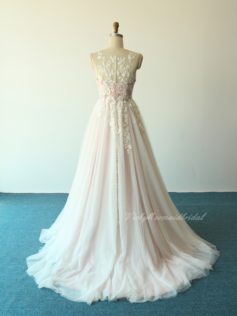 Unique blush pink tulle lace wedding Dress, A-line wedding dress with sweetheart neckline and glittery lining image 8