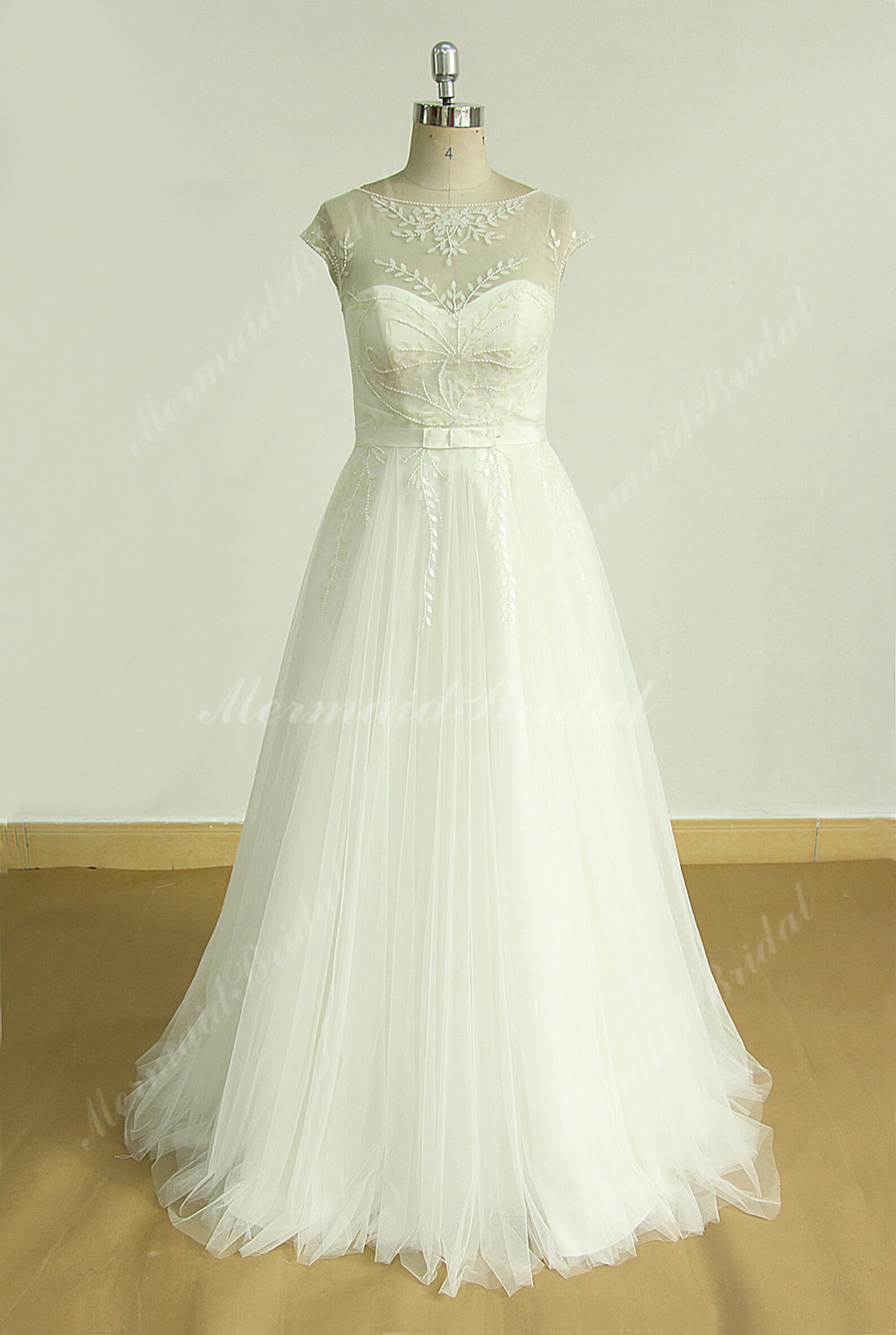 Ivory A Line Unique Beading Wedding Dress With Illusion Etsy