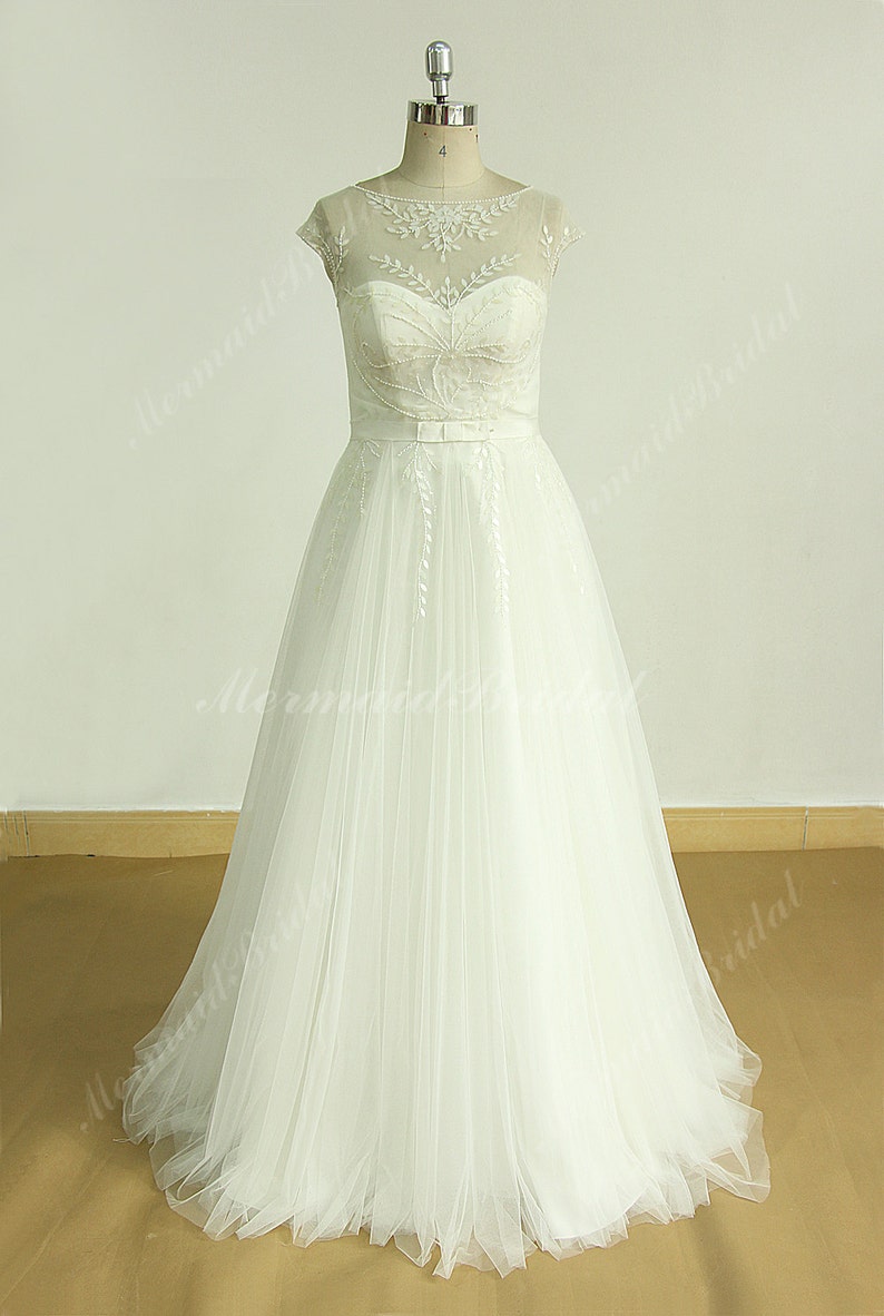 Ivory A Line Unique Beading Wedding Dress With Illusion Etsy