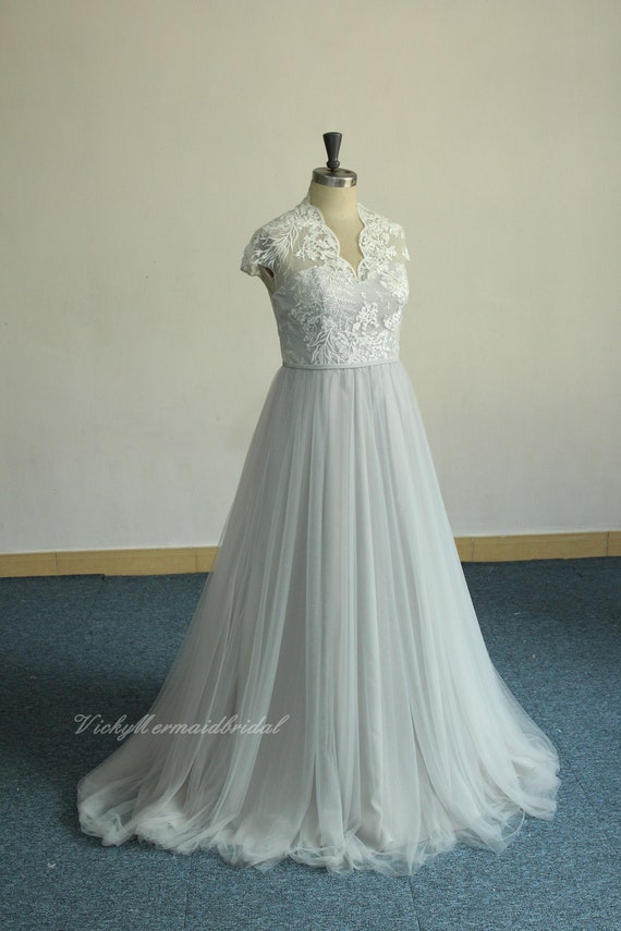 Flowy Aline Tulle Lace Wedding Dress Dusty Blue Bridal Gown Etsy