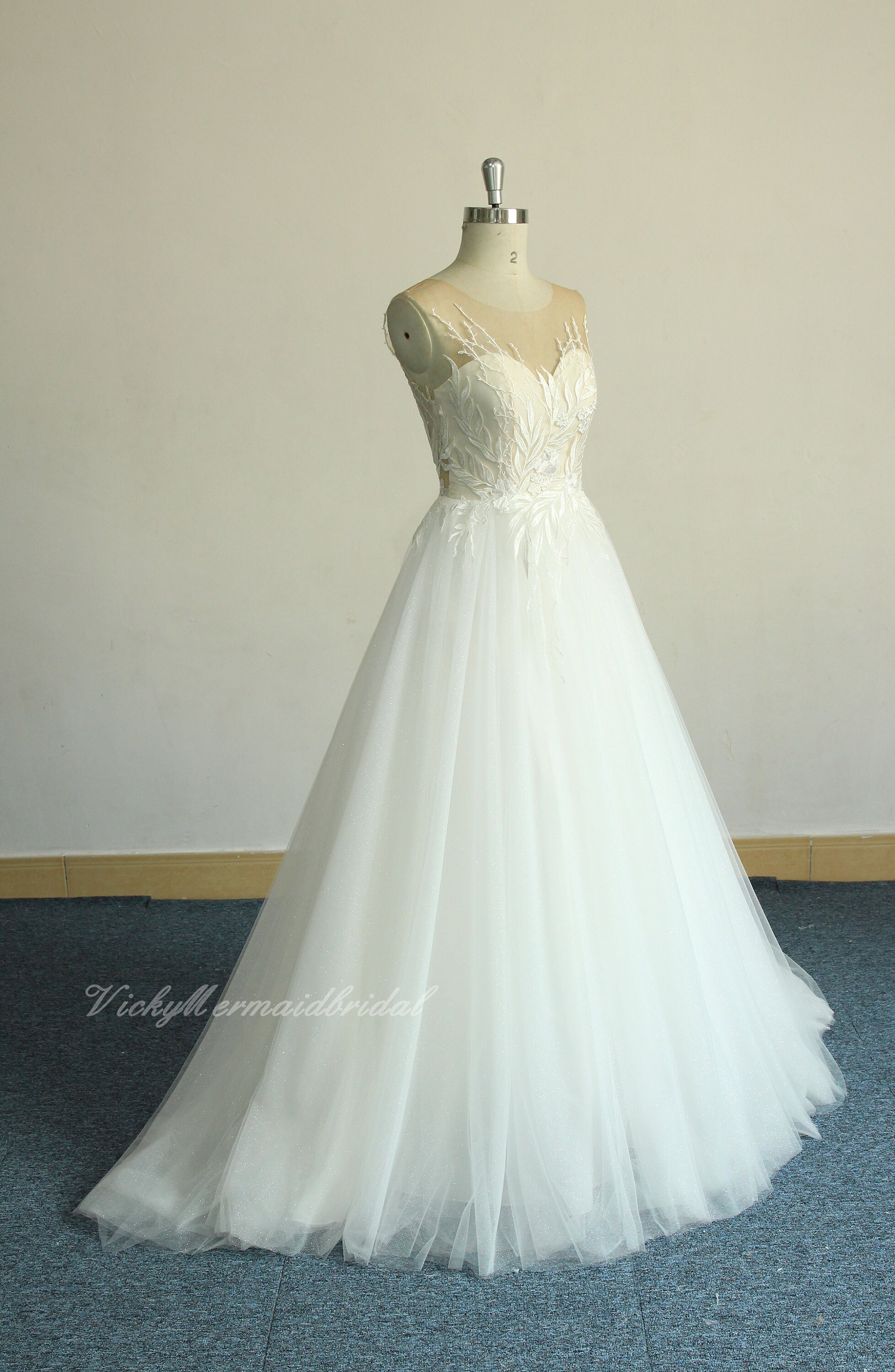 Ivory Tulle Lace Wedding Dress A-Line Bridal Dress with Sweep Train main image 1