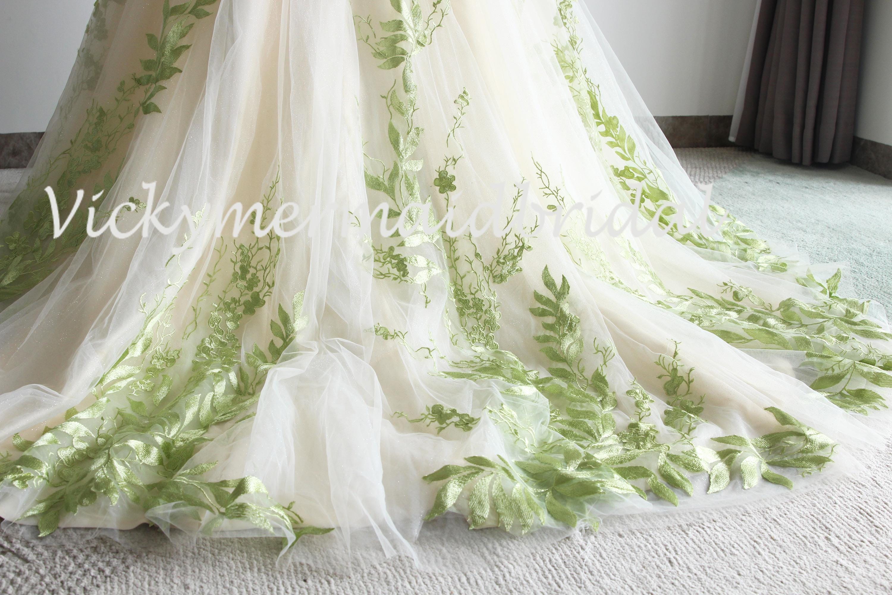 wedding dress with sage green accents Sage Green Tulle Lace Wedding Dress: Romantic Aline Boho Gown