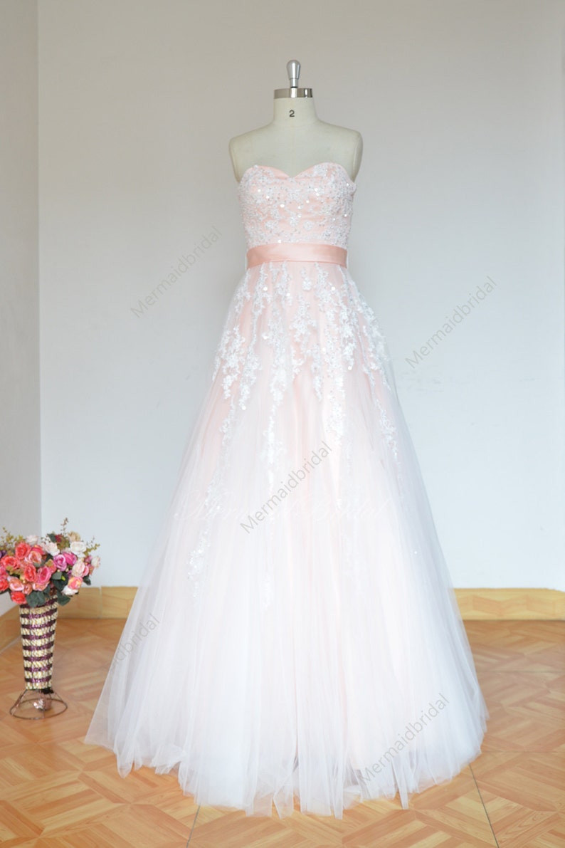 Simple Blush A Line Tulle Lace Wedding Dress Etsy