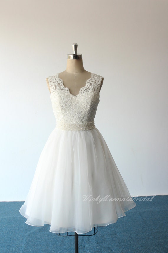 cream lace knee length wedding dress Wedding Dresses Ivory Lace Dress Knee Length Stacees Wedding Dress A-line V Neck Knee-Length