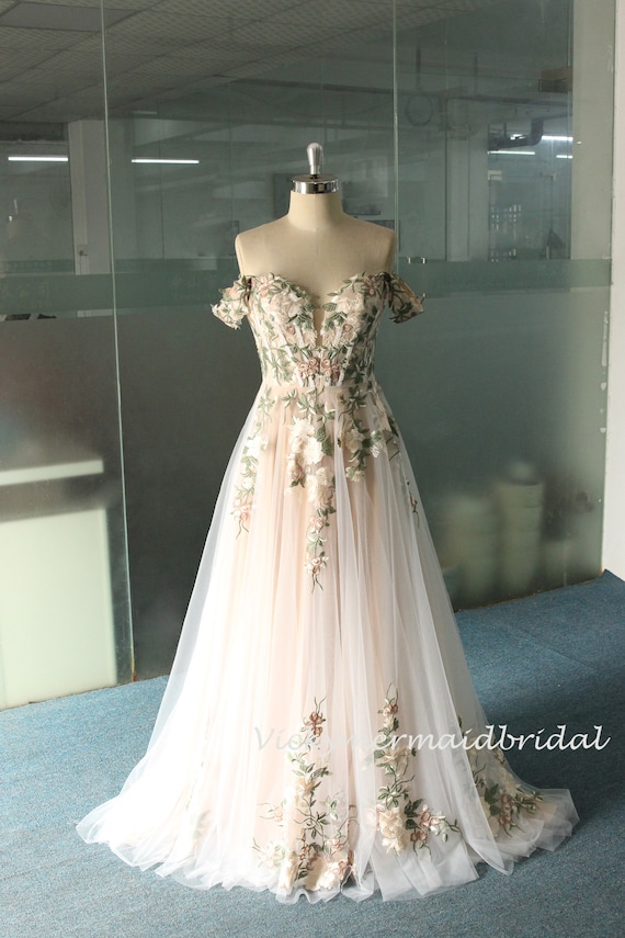 Off the Shoulder Wedding Dress: 3D Wild Flower Lace, Champagne