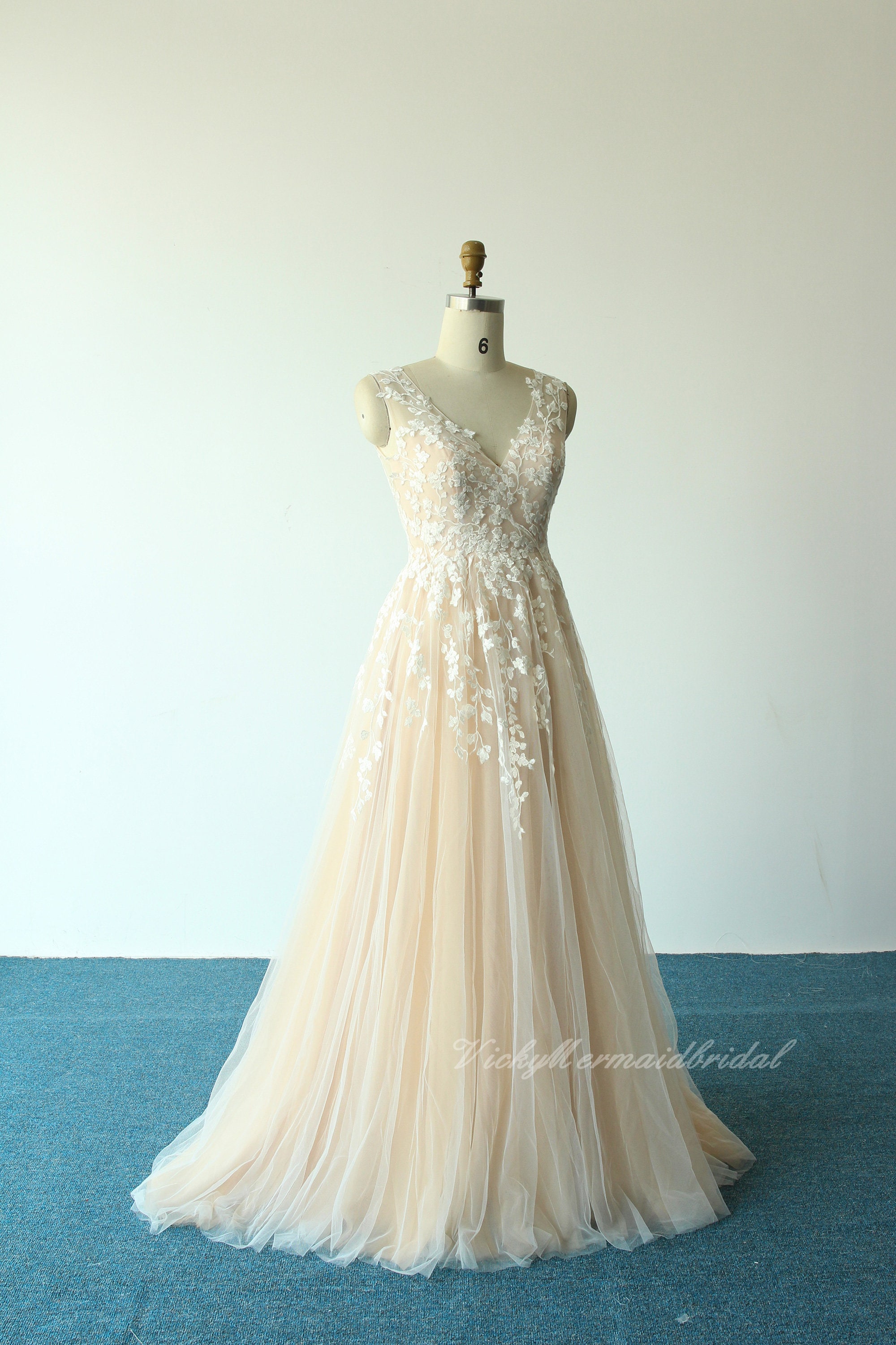 Custom Champagne Lace Wedding Dress: Bohemian Tulle A-Line, Deep V