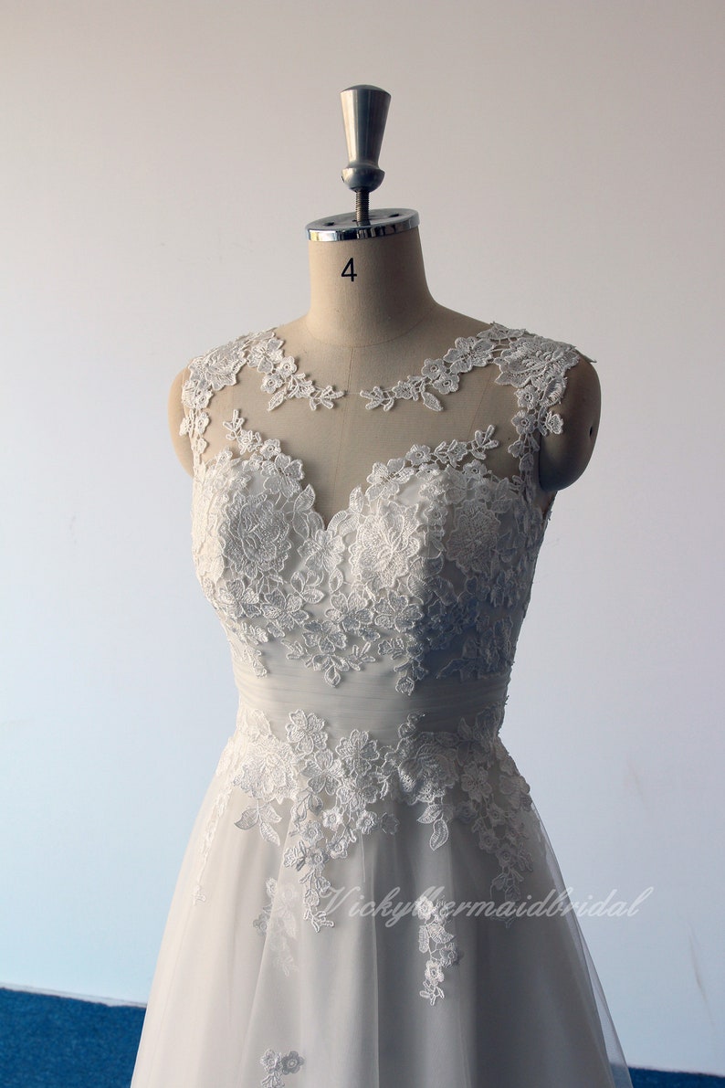 Lovely tea length tulle lace wedding dress, short wedding dress, destination wedding dress with illusion back image 2