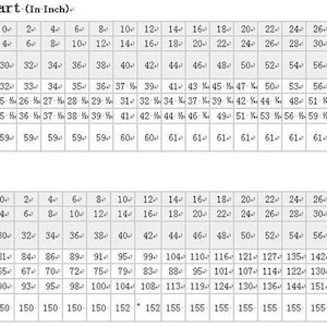 May include: A size chart with measurements in inches and centimeters. The chart includes US, UK, and European sizes, along with bust, waist, hips, and hollow to floor measurements, providing a comprehensive size guide.