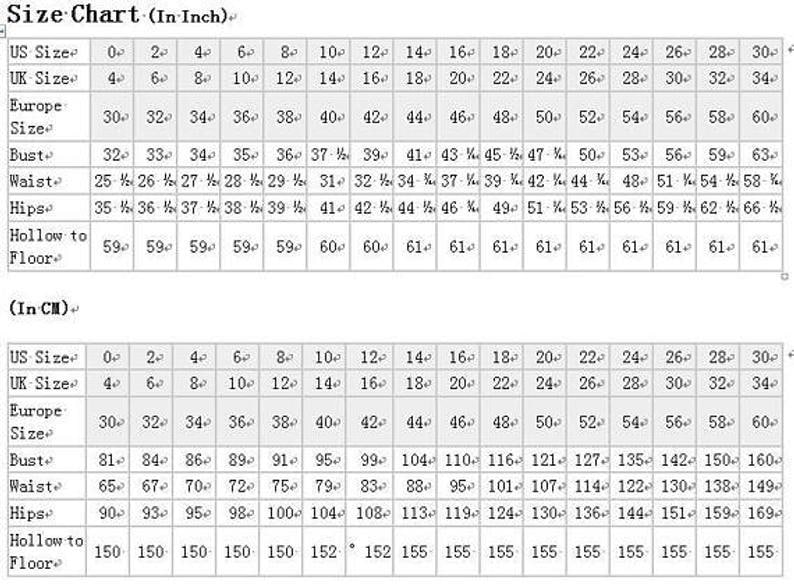 May include: A size chart with measurements in inches and centimeters. The chart includes US, UK, and European sizes, along with bust, waist, hips, and hollow to floor measurements, providing a comprehensive size guide.