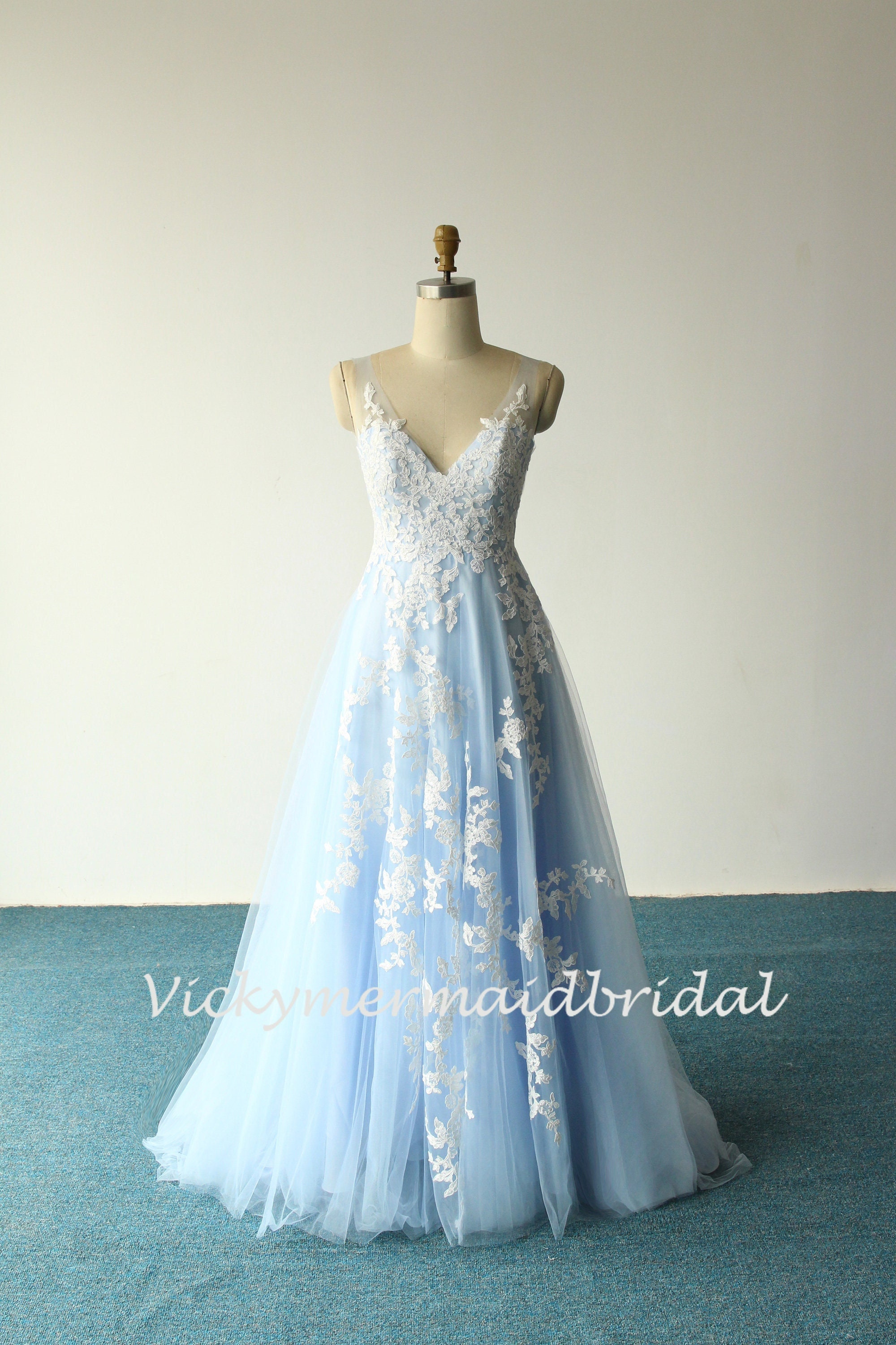 Sky Blue Tulle Lace Wedding Dress: Bohemian Deep V Open Back Sky Blue Tulle Lace Wedding Dress: Bohemian Deep V Open Back
