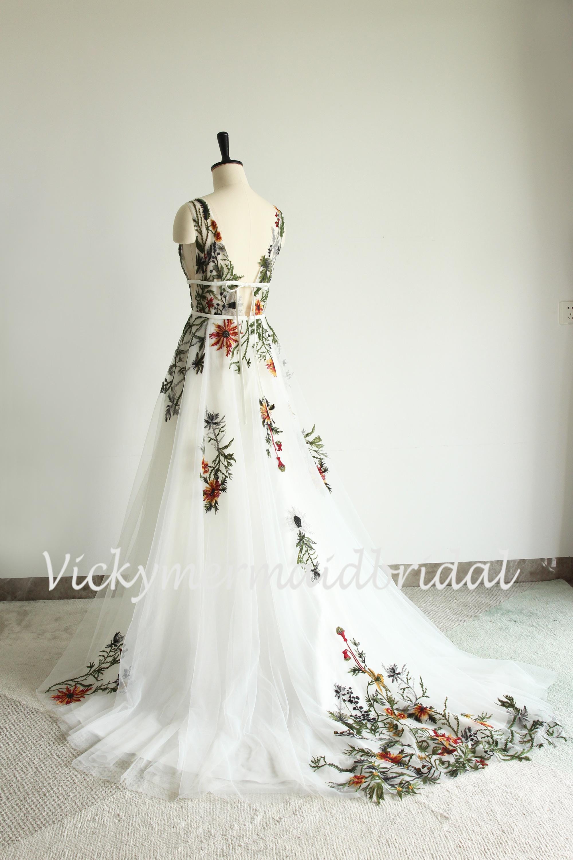Floral Lace Wedding Dress: Embroidered A-Line Forest Gown