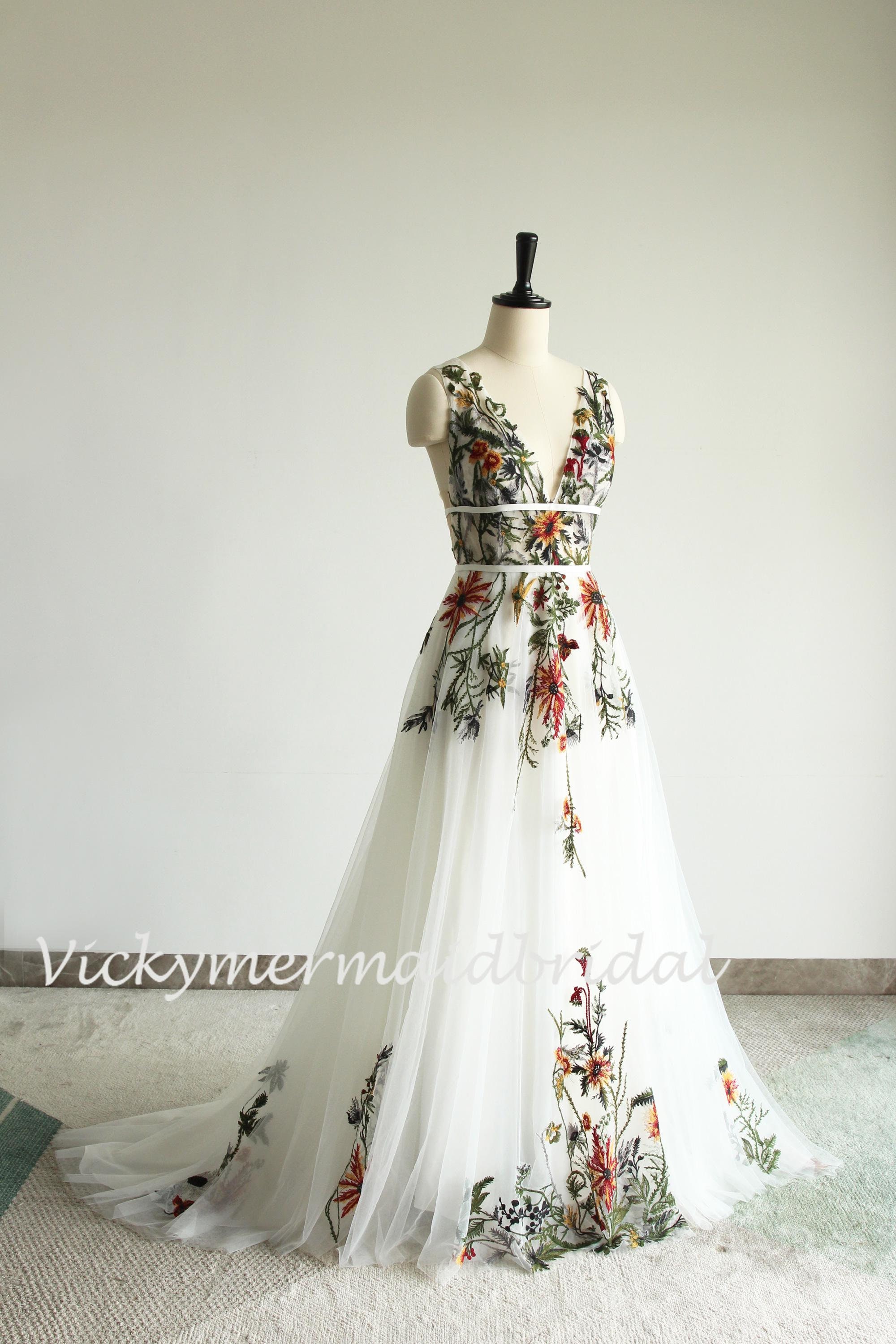 Floral Lace Wedding Dress: Embroidered A-line Forest Gown - Etsy