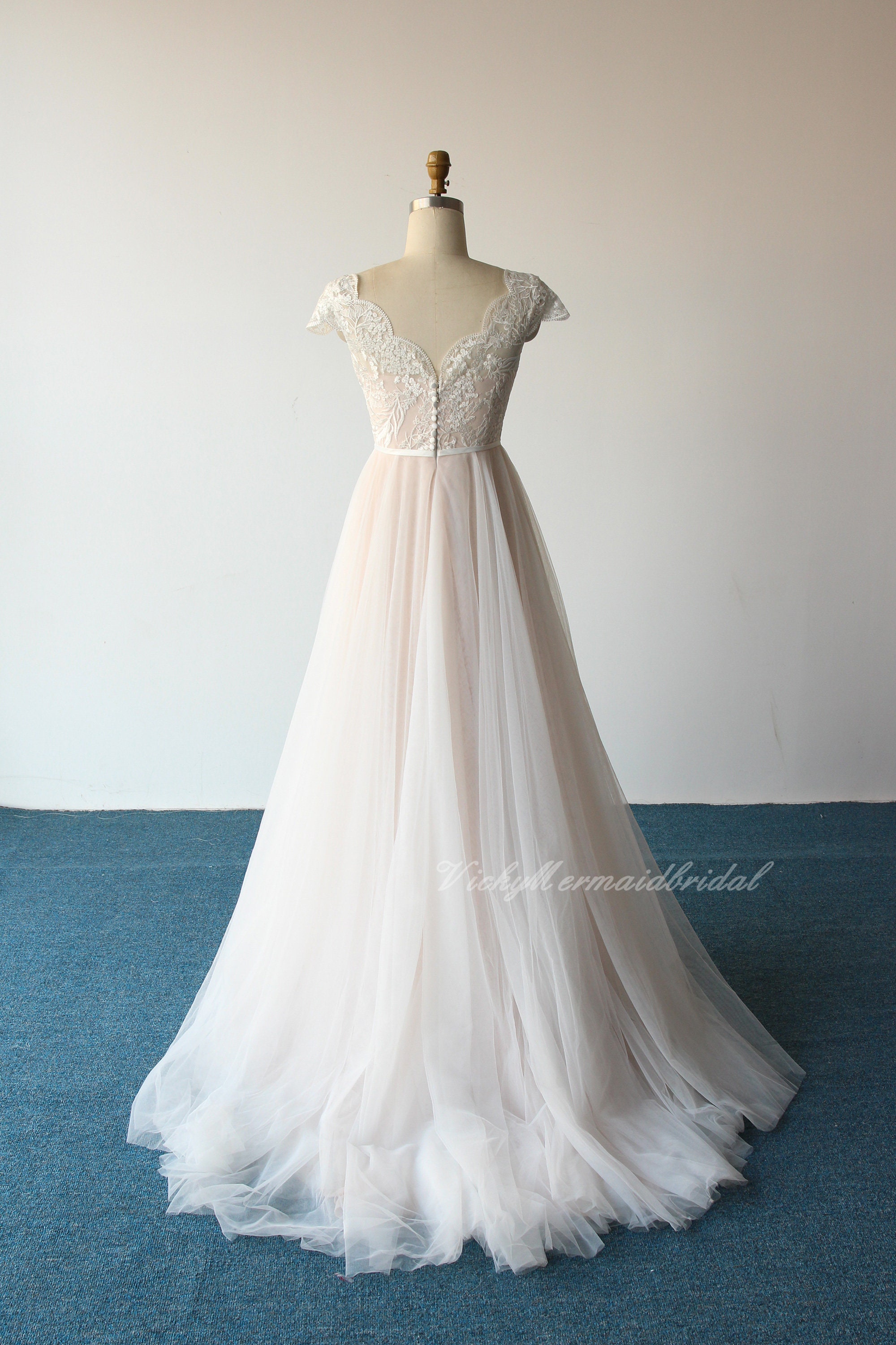Blush Pink Lace Wedding Dress: A-line Tulle Gown