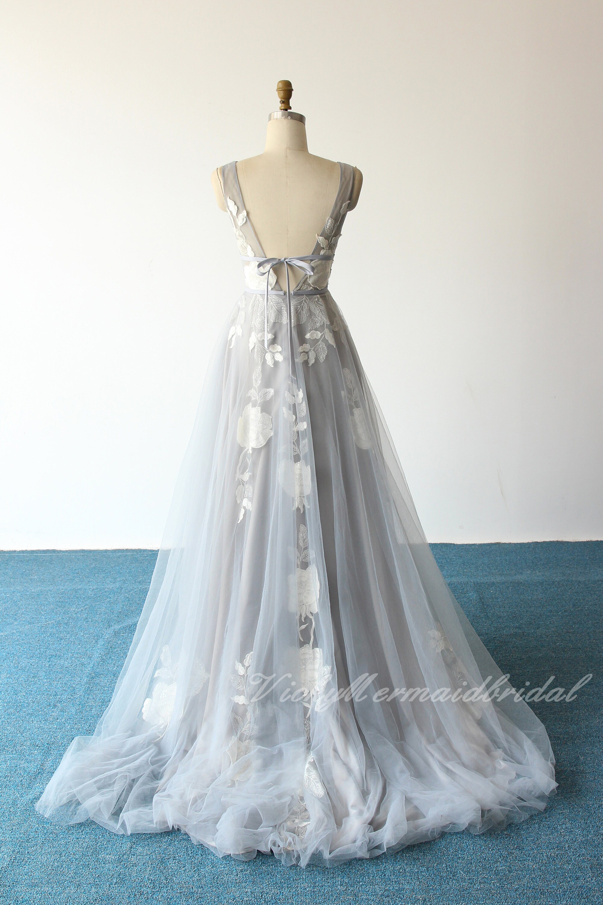 Open Back A-line Dusty Blue Tulle Lace Wedding Dress 3D Lace | Etsy