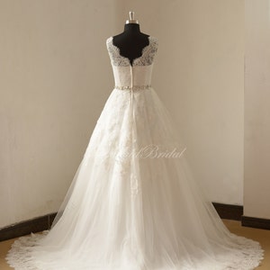 Open back Ivory a line lace wedding dress with illusion neckline and beads sash image 3