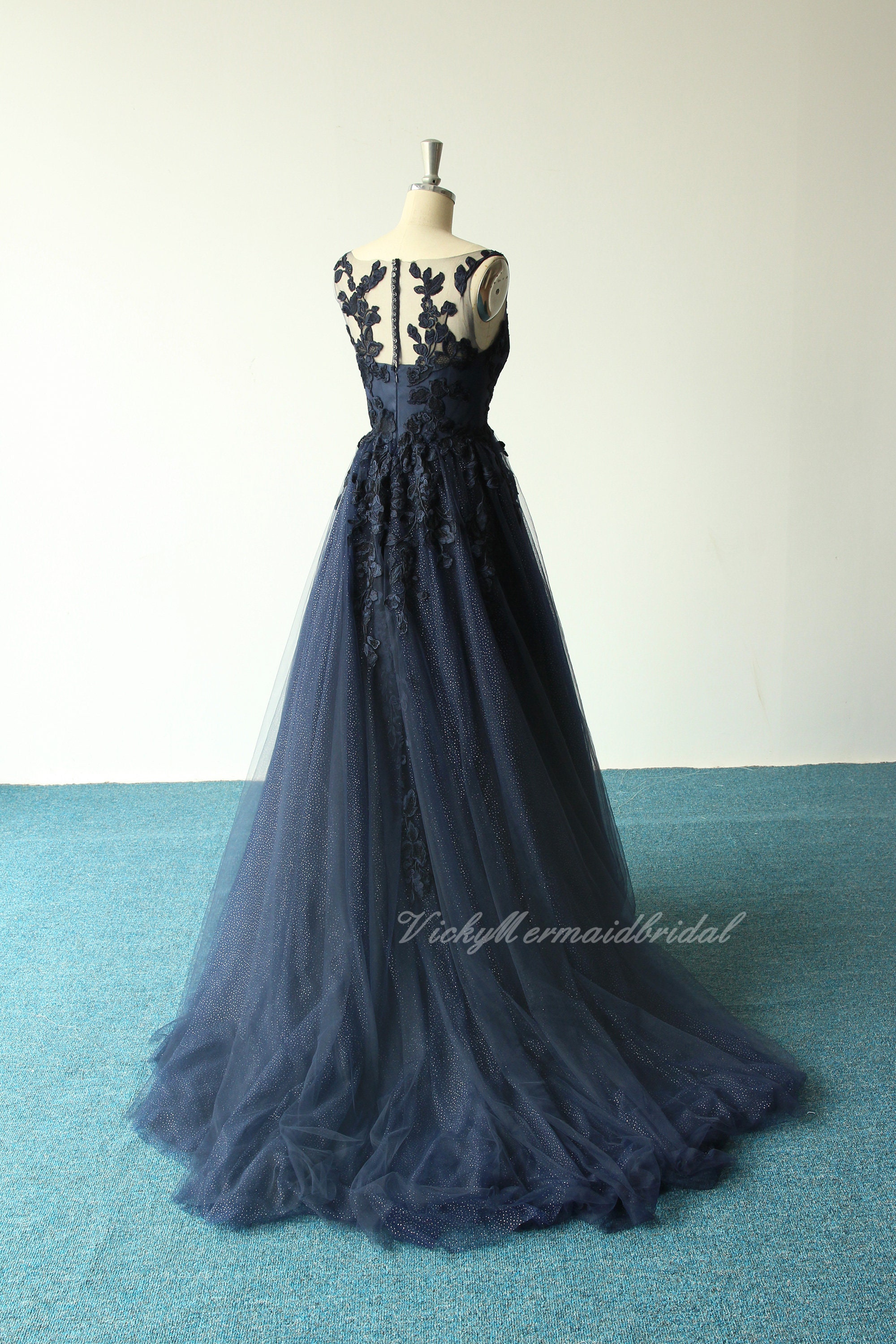 navy and ivory lace dress Custom Navy Blue Lace Wedding Dress: Glittery Tulle A-line Boho Gown