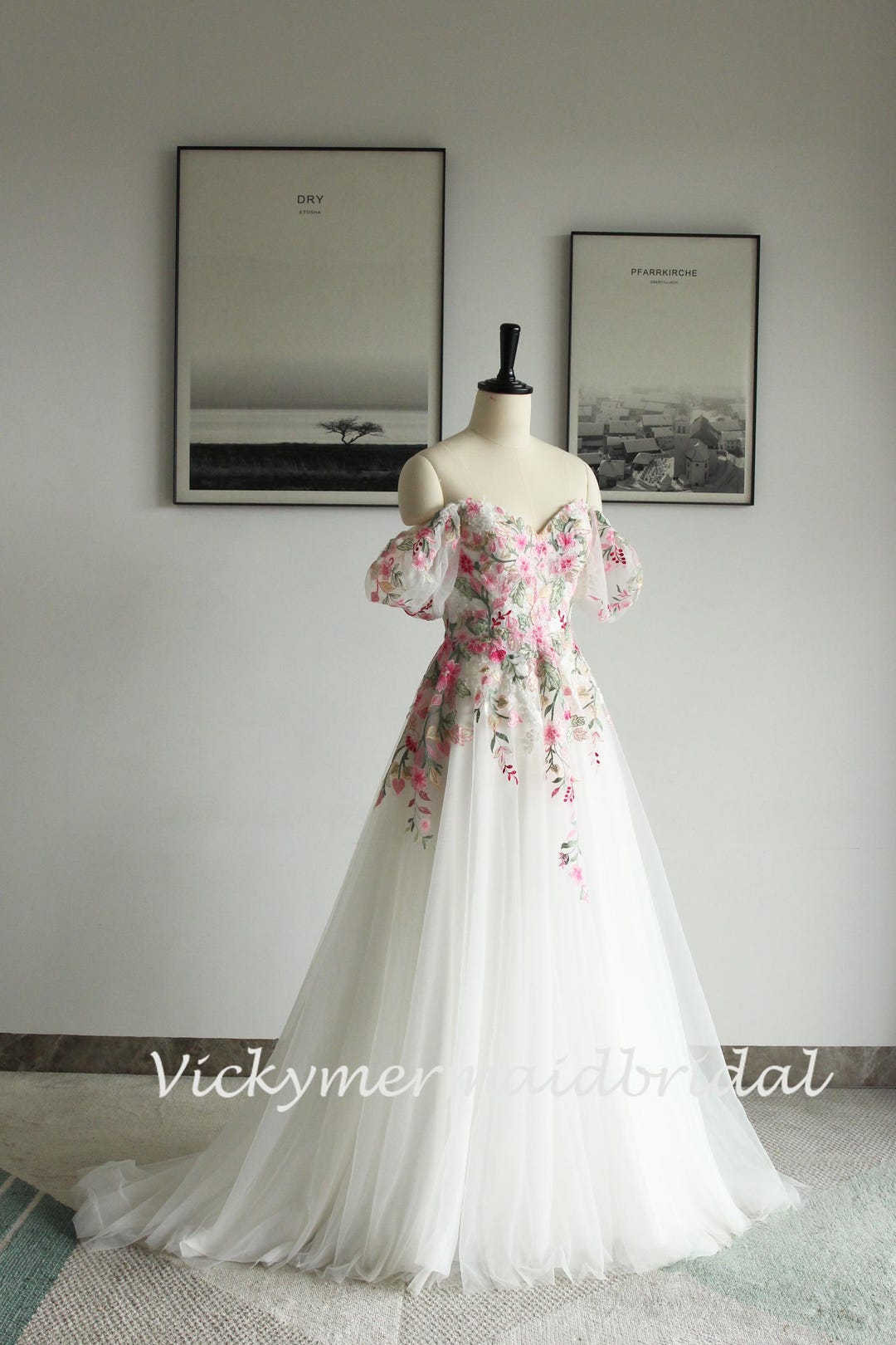 Embroidery Lace Wedding Dress, Pink Green Floral, Puff Sleeves - Etsy