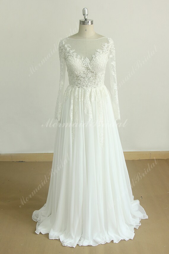 Unique Ivory Chiffon Lace Wedding Dress 