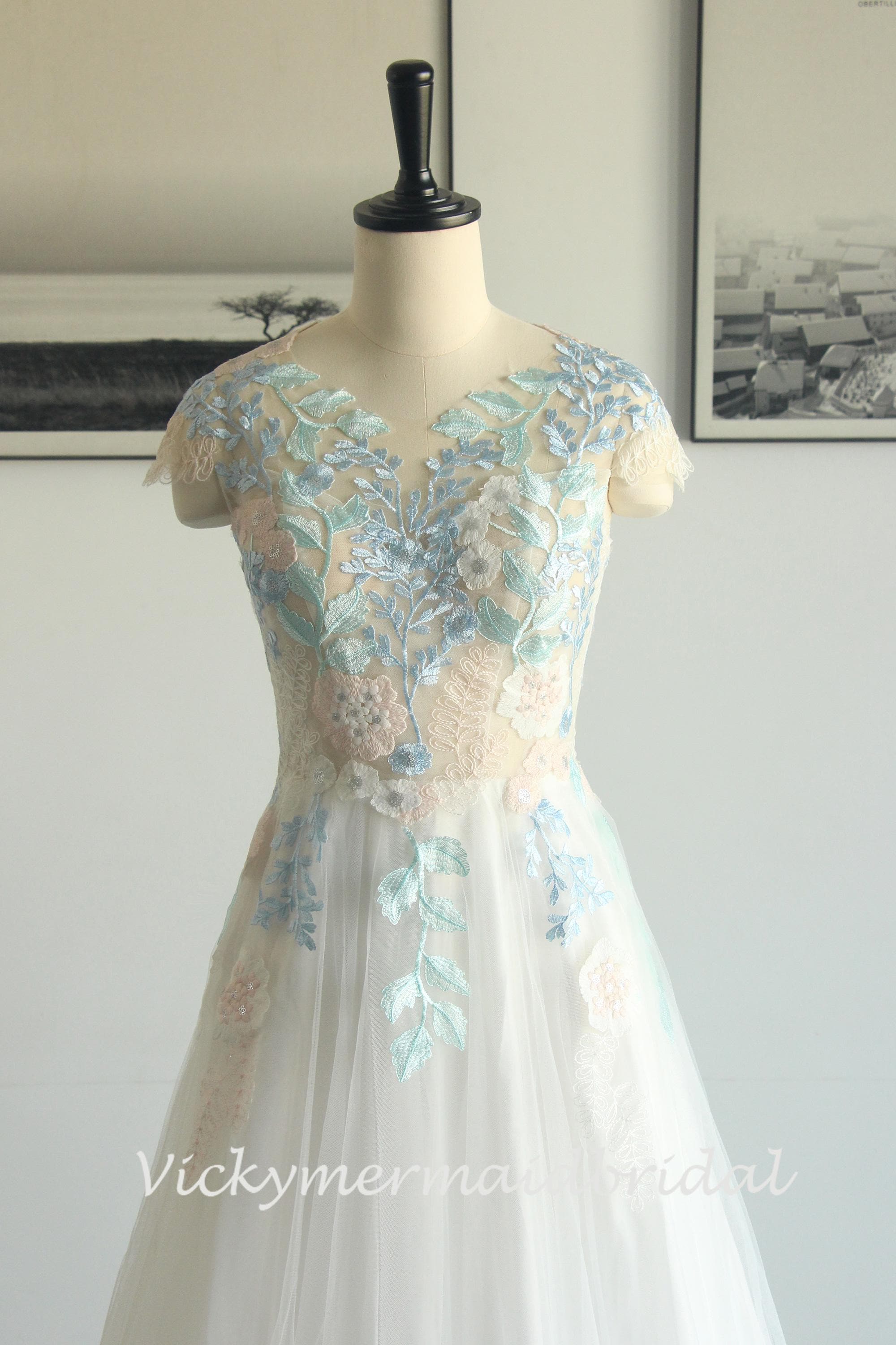 lace cap sleeve keyhole back wedding dress Designer Lace Cap Sleeve V-back A-line Fall Nude Pink Wedding Dress, Nude Pink