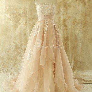 Simple blush A line organza lace wedding dress image 1