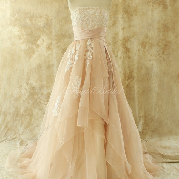 Simple blush A line organza lace wedding dress