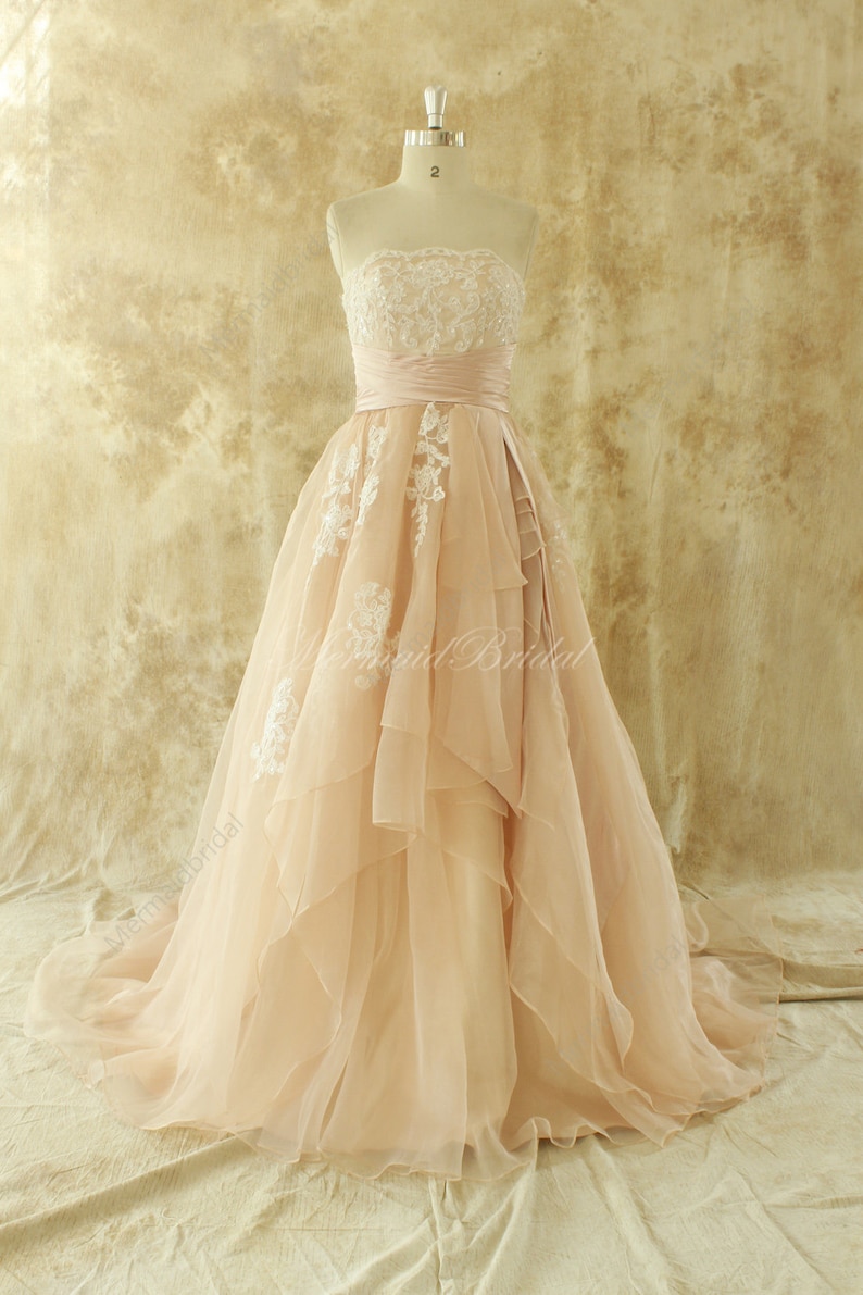 Simple blush A line organza lace wedding dress image 1