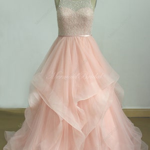 Romantic Blush pink A line tulle wedding dress with Swarovski beads