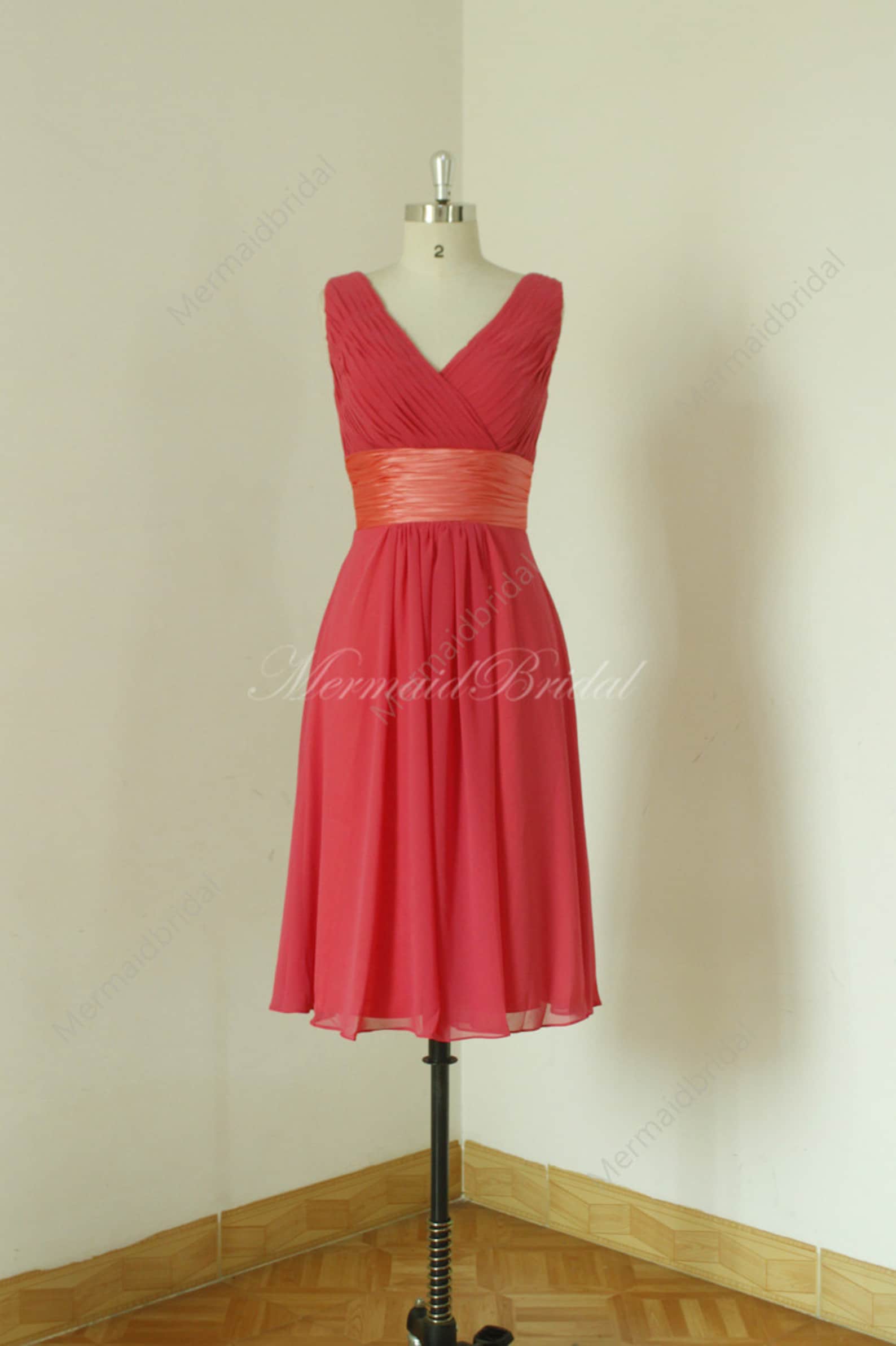 Deep V Neckline Knee Length Apple Red Bridesmaid Dress Etsy