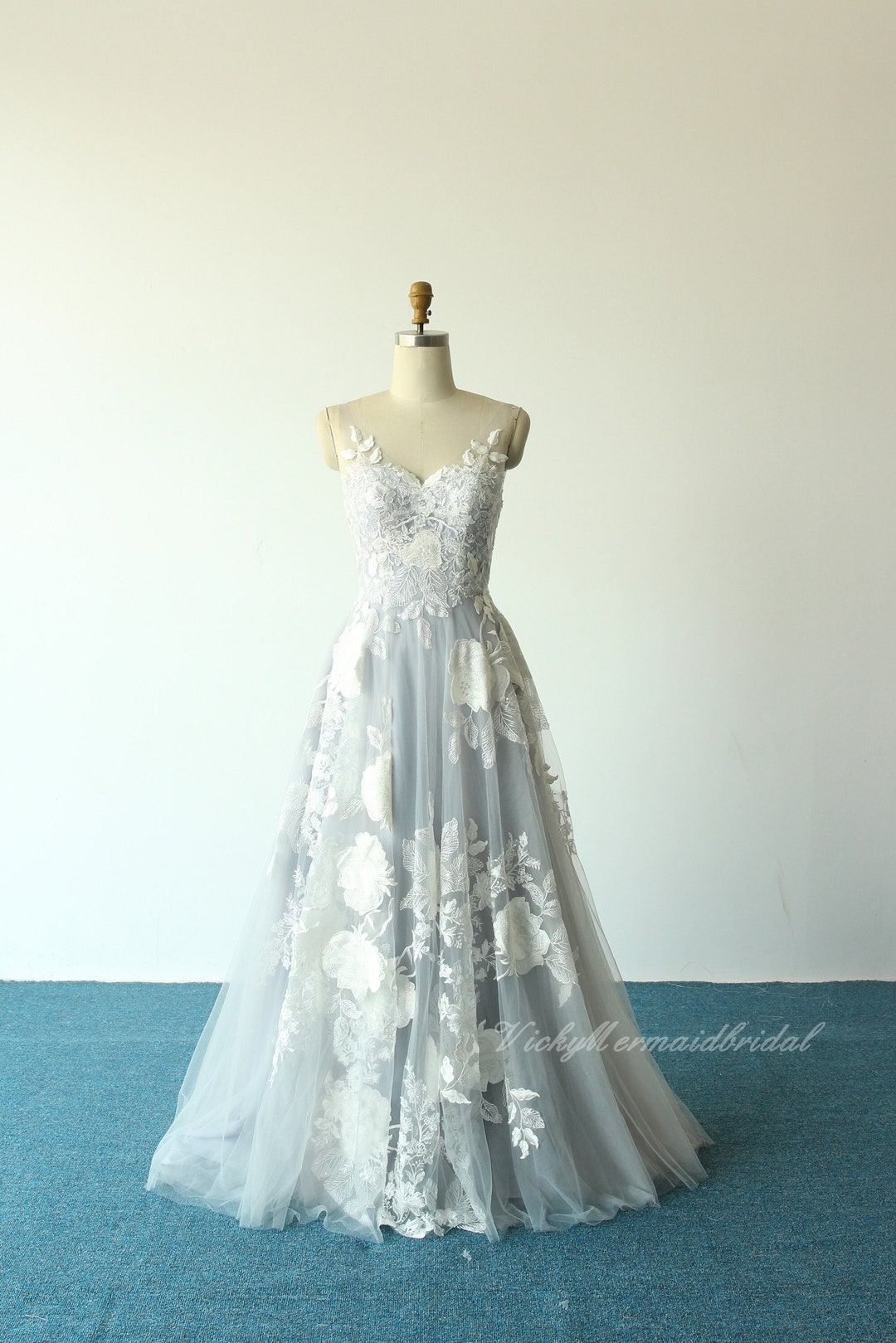 Fairy Open Back A-line Gray Blue Tulle Lace Wedding Dress, 3D Lace ...