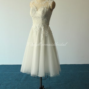 Lovely tea length tulle lace wedding dress, short wedding dress, destination wedding dress with illusion back image 4