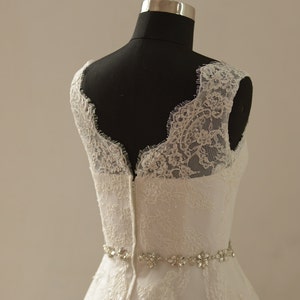 Open back Ivory a line lace wedding dress with illusion neckline and beads sash image 4