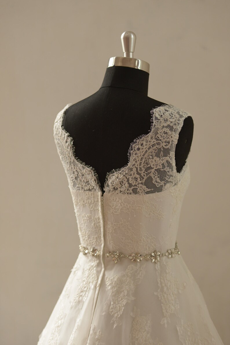 Open back Ivory a line lace wedding dress with illusion neckline and beads sash image 4