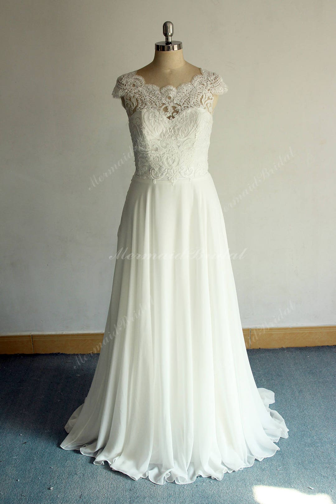 Romantic Ivory Aline Chiffon Lace Wedding Dress, Boho Wedding Dress ...