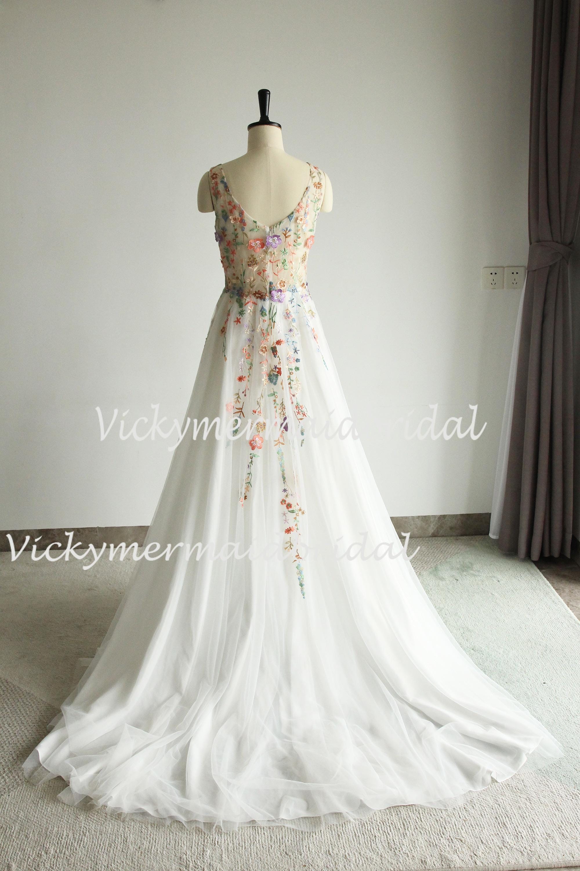 Wildflower Embroidery Wedding Dress: A-Line Tulle Deep V-Neck