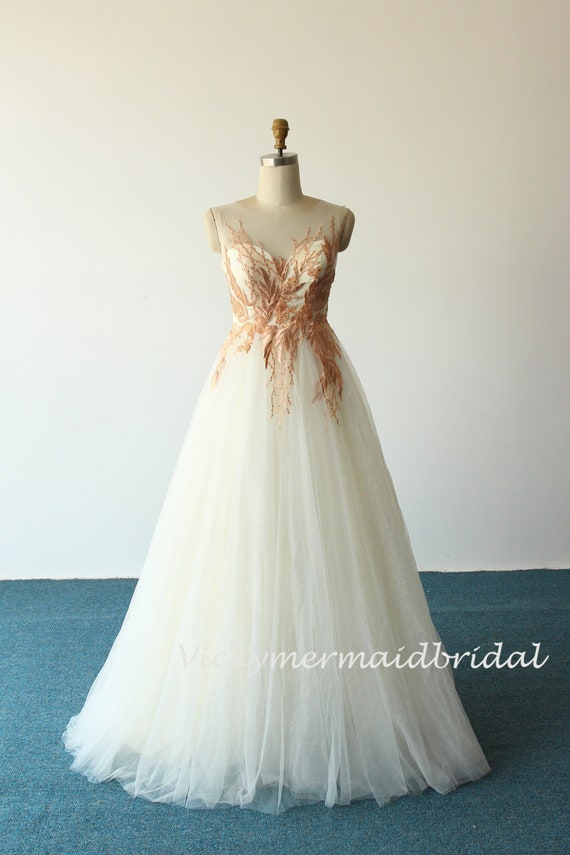 Champagne Tulle A-Line Wedding Dress: Golden Lace Appliques, Open Back