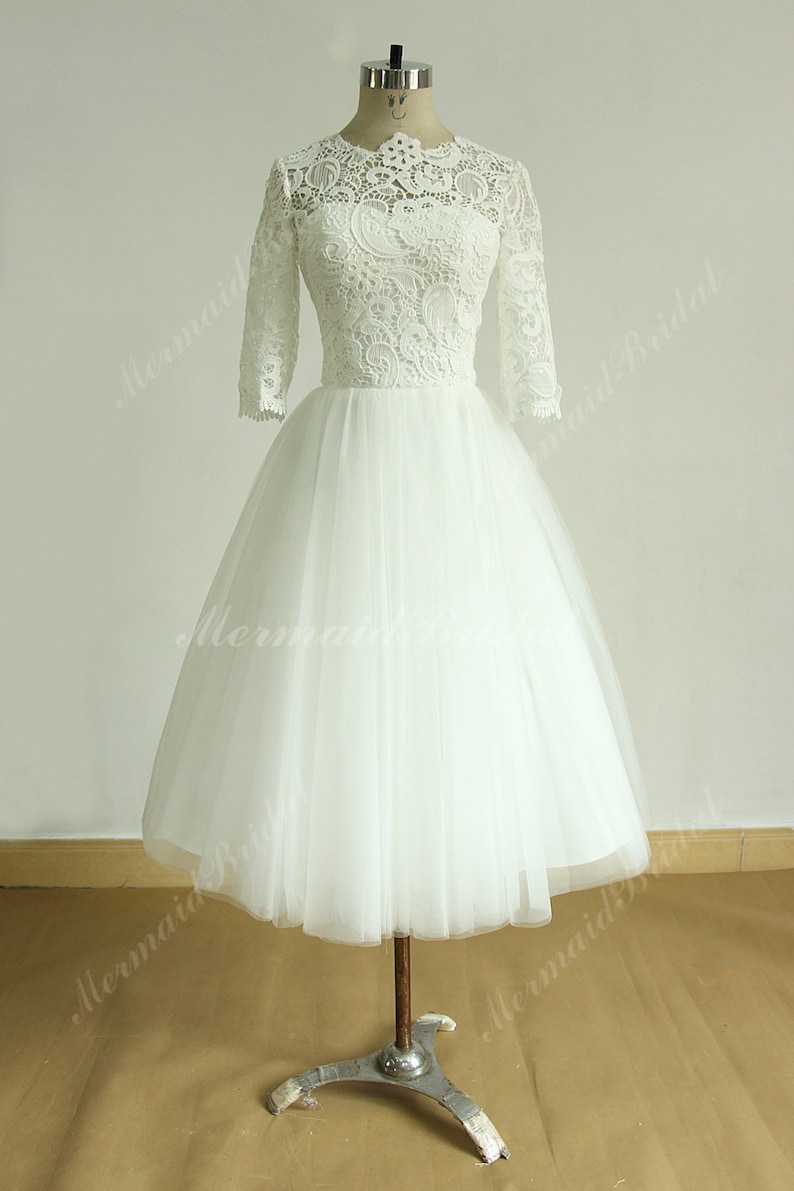 Vintage tea length ivory tulle lace wedding dress with mid sleeves 