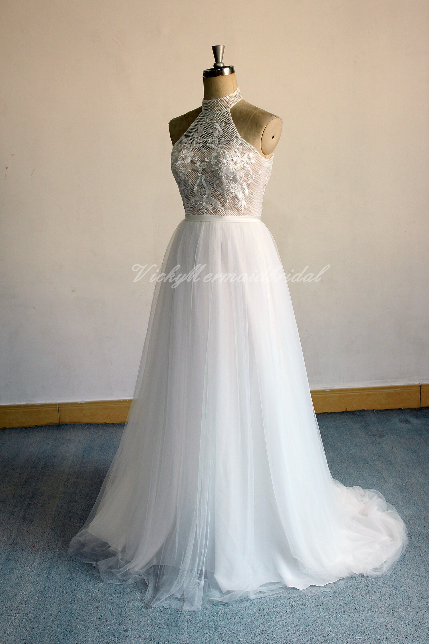 Cuello alto nuevo vestido de novia de encaje de tul de moda - Etsy España Cuello alto nuevo vestido de novia de encaje de tul de moda - Etsy España