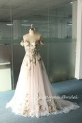 Off The Shoulder Wild Flower Lace Wedding dress,  Colorful 3D lace Wedding Gown, Forest Wedding Gown Champagne Lining and Corset Top