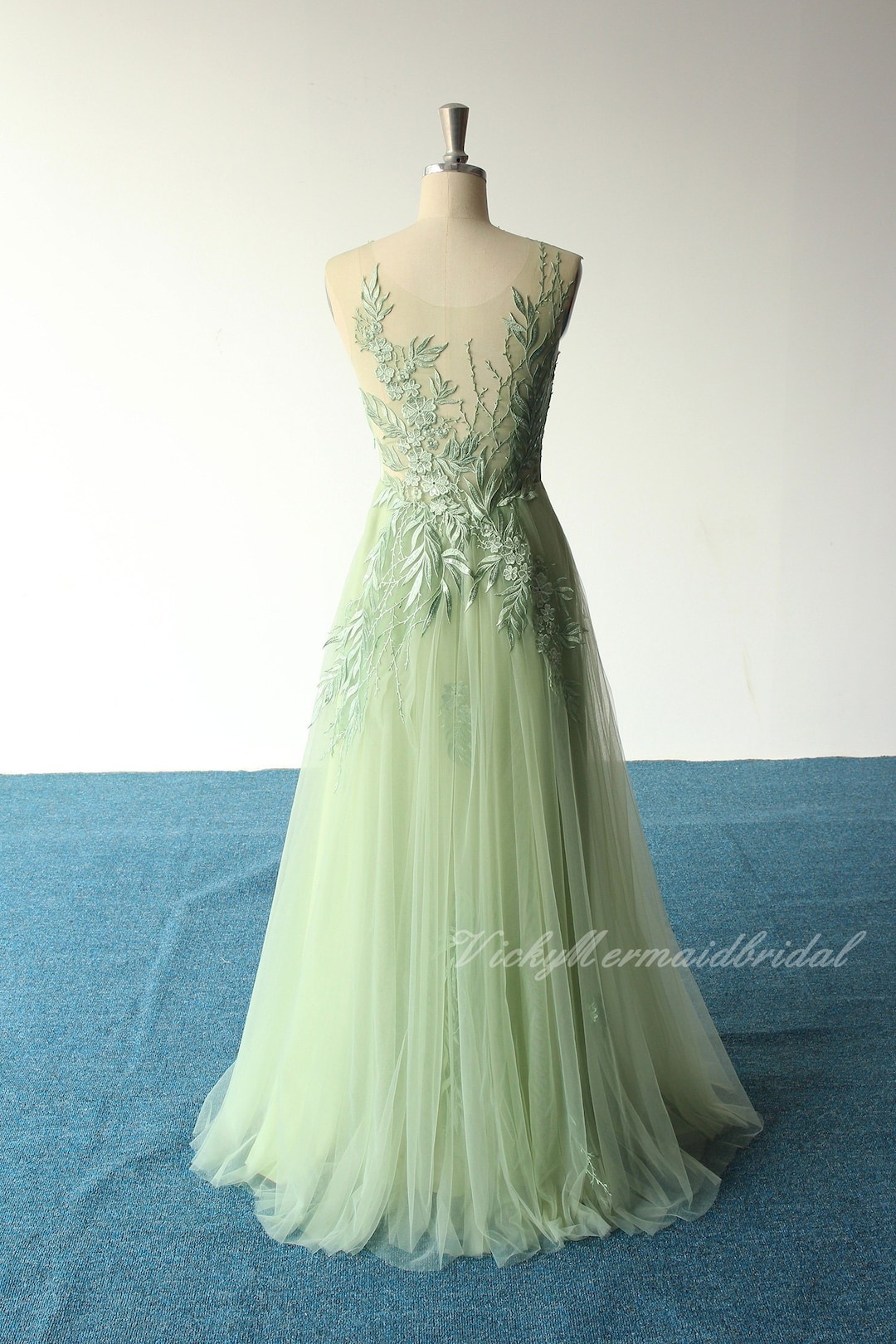 Unique Romantic Sage Aline Tulle Lace Wedding Dress, Elegant Boho ...
