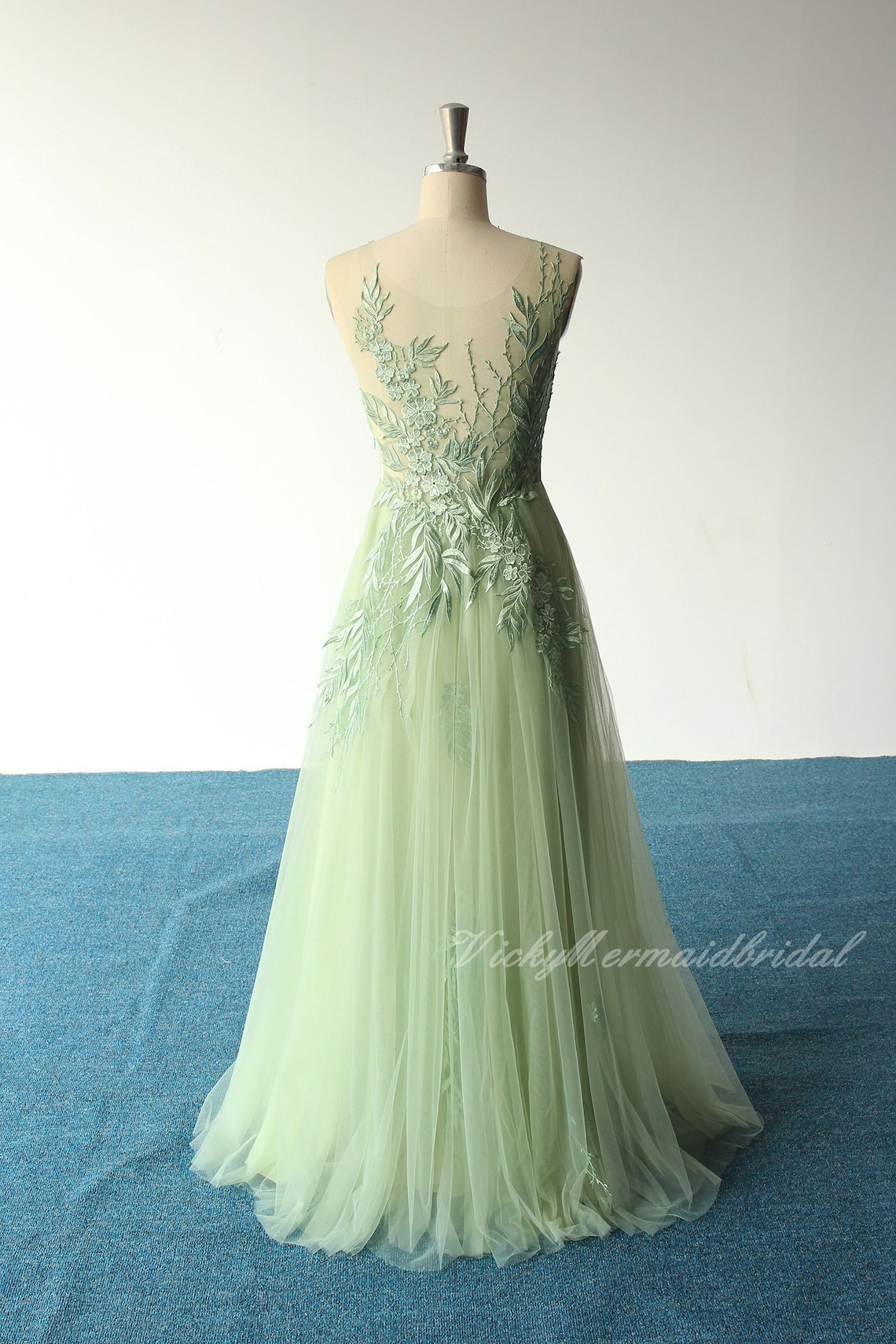 Unique romantic sage aline tulle lace wedding dress elegant image 1