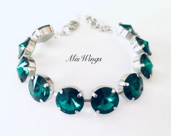 crystal bracelet, emerald green, emerald bracelet, crystal tennis bracelet, rhinestone jewelry, sparkle bracelet, 12mm bracelet