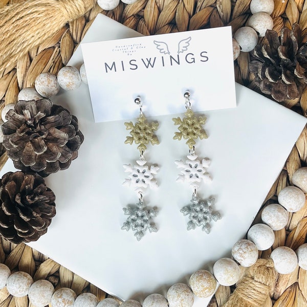 Snowflake earrings | winter clay earrings | handmade | silver gold | gift for her | snowflake dangle earrings | winter hoops | clay earrings