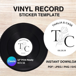 May include: A black vinyl record sticker template with the text "VINYL RECORD STICKER TEMPLATE". The design includes a circular sticker with the text "THALIA & CASE" and the initials "TC" with a floral design. The sticker is 12" print ready, 8.5 x 11 inches.