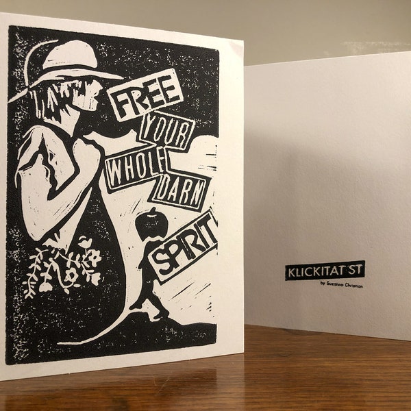 Free Your Whole Darn Spirit Card with Envelope, Blank Inside, Handmade Art Note Cards, Original Linocut Print on Greeting Card, Single Card