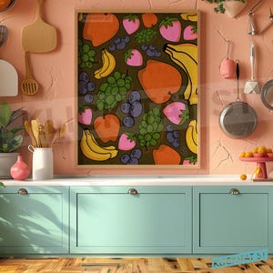 Patrón Fruit Craze, arte digital para descargar e imprimir en estilo risógrafo, arte de pared bohemio, MCM, moderno de mediados de siglo, tres colores, arte de pared