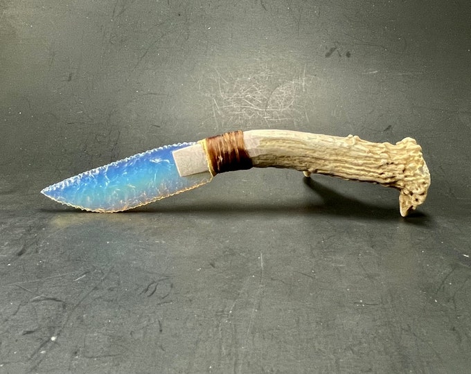 Opal Glass Knife W/ Selfstand Deer Antler Handle Flint Knapping by Bo