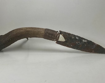 X-Large Flint Knapped Agate Knife w/ Antiqued Antler Handle Stone Blade Arrowhead