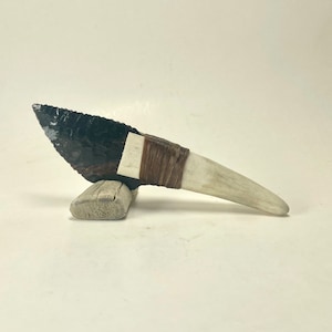 Snowflake Mahogany Obsidian Mini Knife w/ Deer Antler Handle Flint Knapping by Bo Earls
