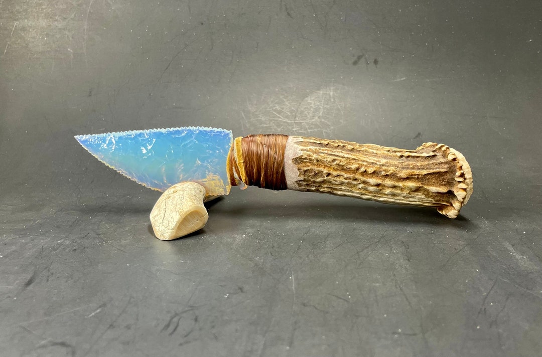 Opal Glass Knife W/ Deer Antler Handle Flint Knapping by Bo Etsy