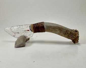 Blood Glass Knife w/ Deer Antler Handle Flint Knapping by Bo Earls